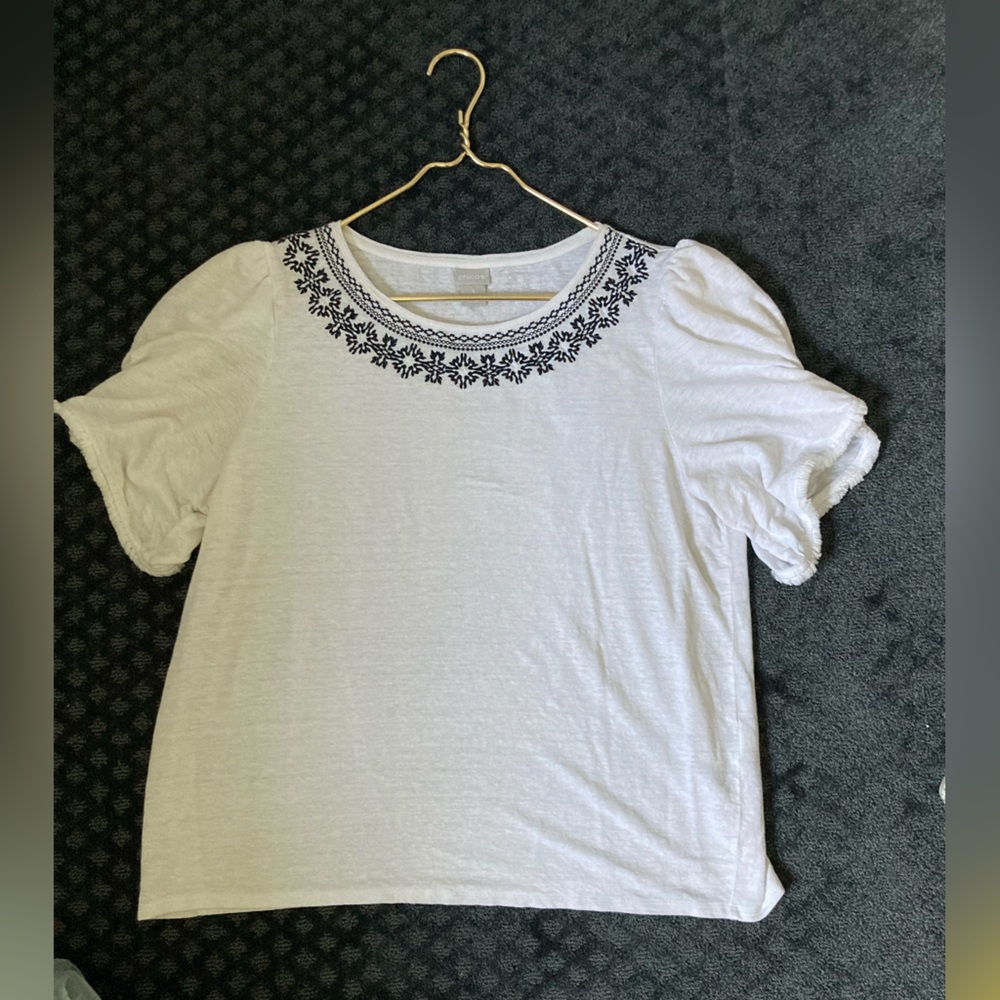 Chico’s White Shirt with Wrap Sleeve with Fuzzy Detail with Neckline Emb…